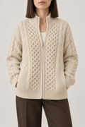 Aran Zip Cardigan, Oatmeal cream, front
