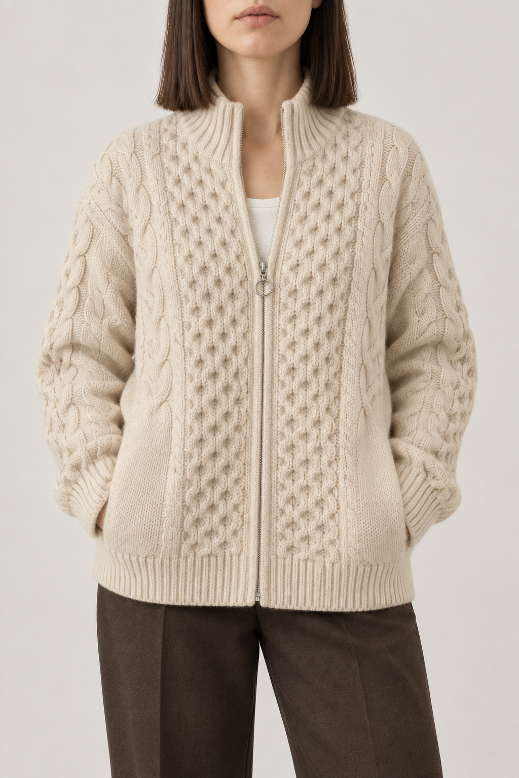 Aran Zip Cardigan, Oatmeal cream, front