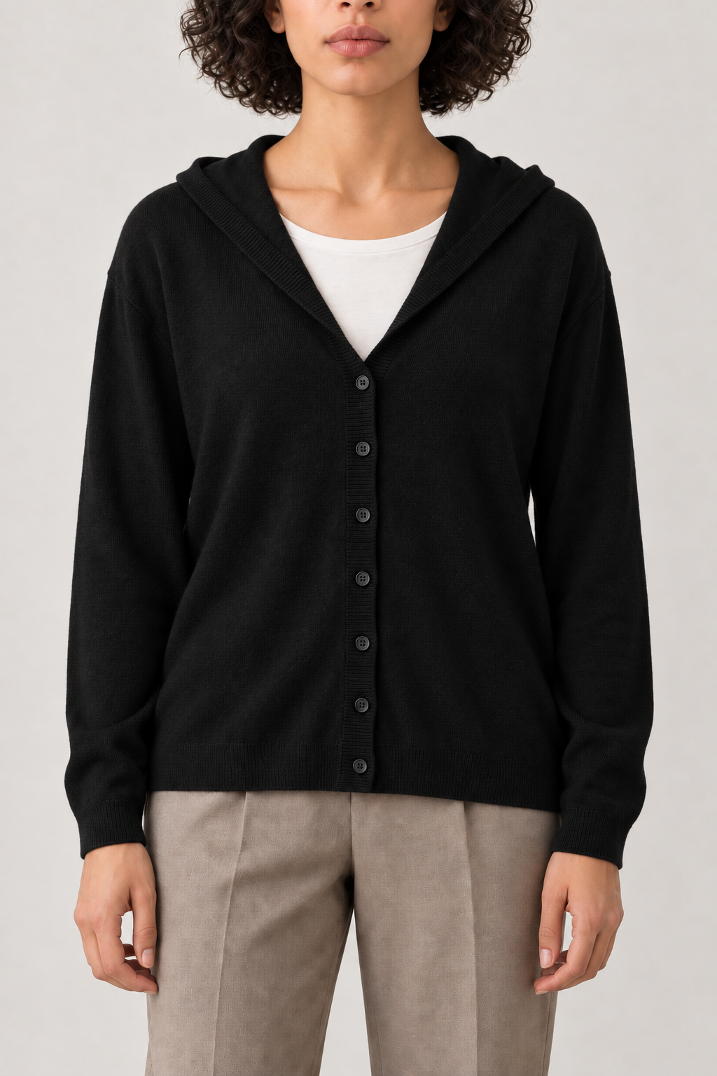 Merino V-Neck Hooded Cardigan, Black, front