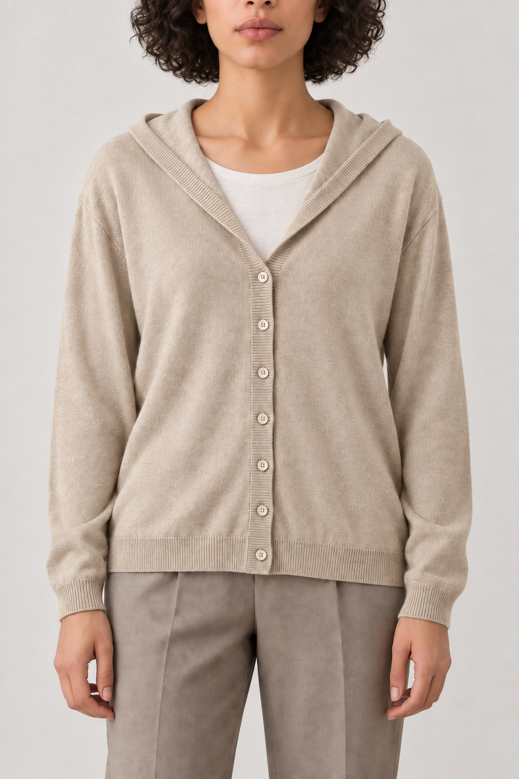 Merino V-Neck Hooded Cardigan, Oat Beige, front