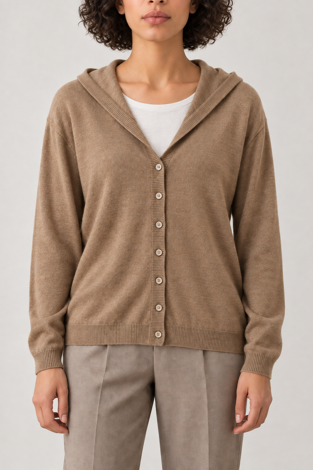 Merino V-Neck Hooded Cardigan, Camel, front
