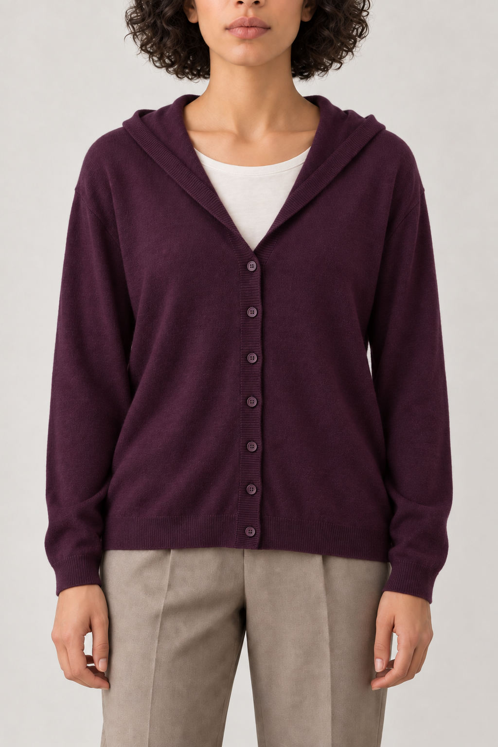 Merino V-Neck Hooded Cardigan, Plum, front