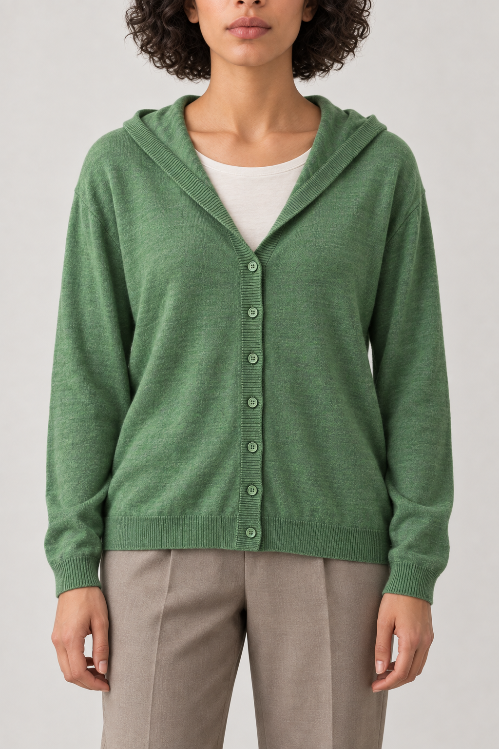 Merino V-Neck Hooded Cardigan, Leafy Green, front