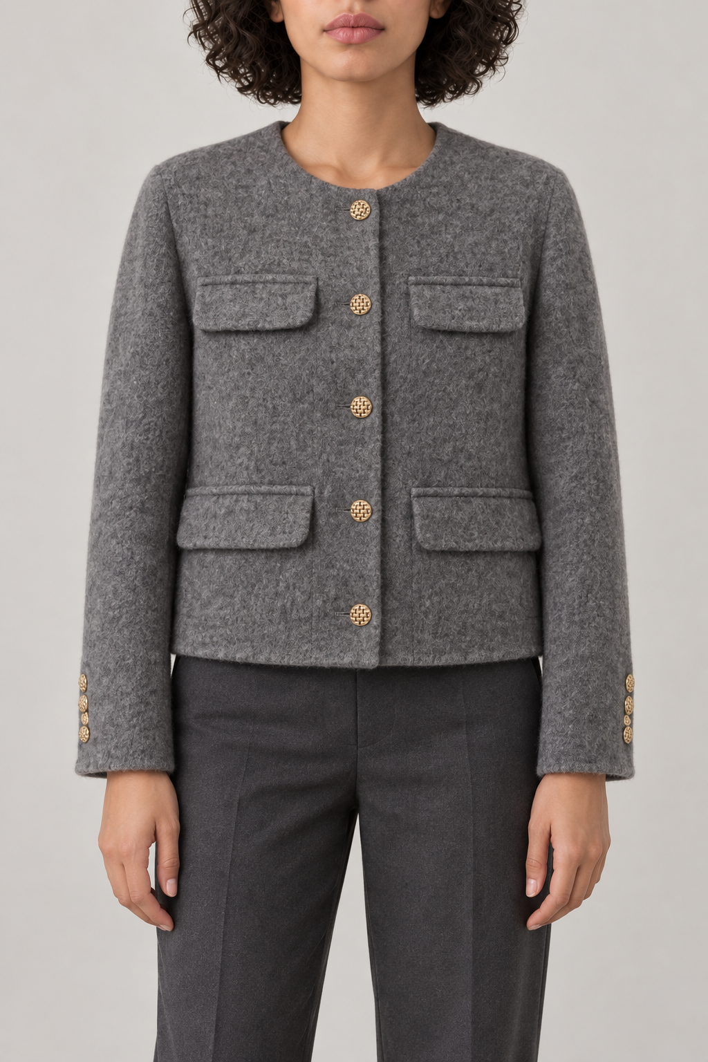 Cashmere Collarless Coat, Heather Grey, front