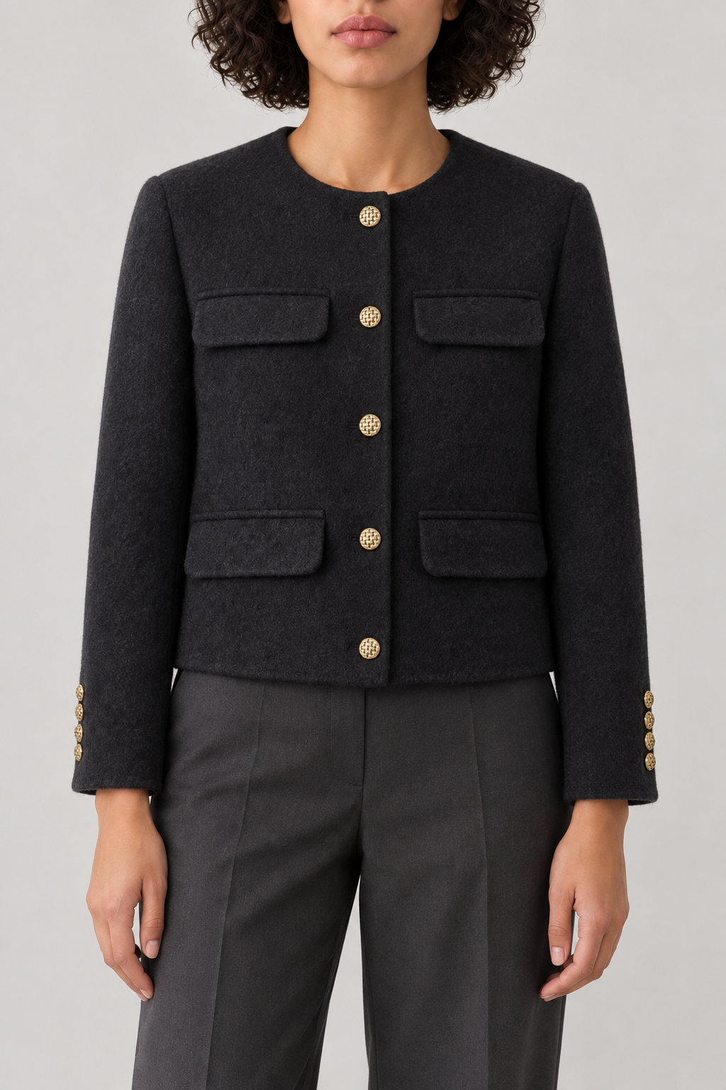 Cashmere Collarless Coat, Charcoal, front