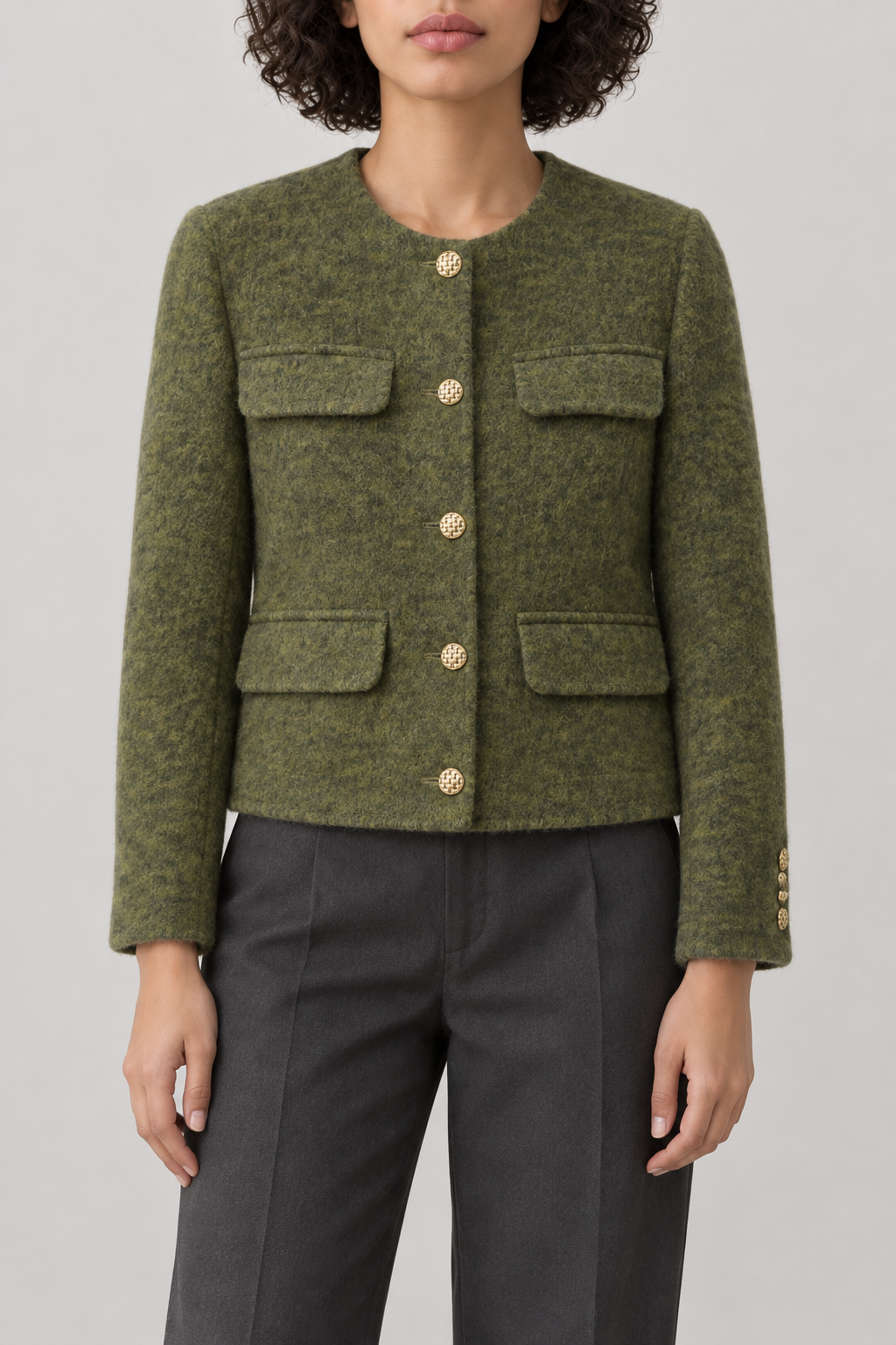 Cashmere Collarless Coat, Olive Green, front