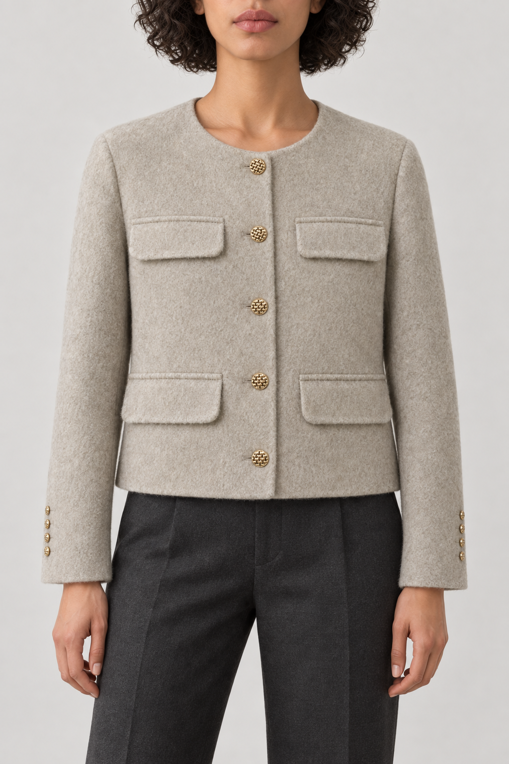 Cashmere Collarless Coat, Khaki Greige, front