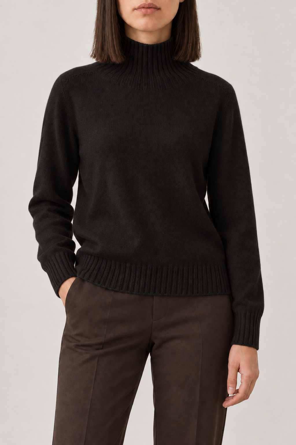 Fine-Knit High-Neck Pullover, Obsidian Black, front