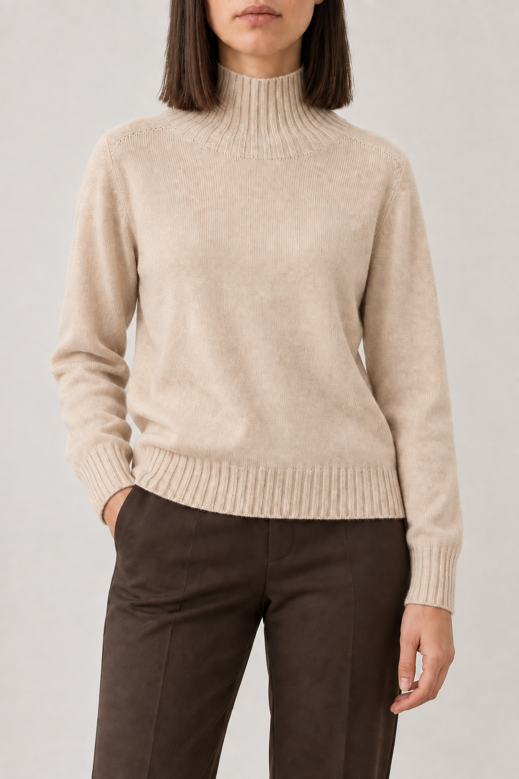 Fine-Knit High-Neck Pullover, Milk Tea Apricot, front