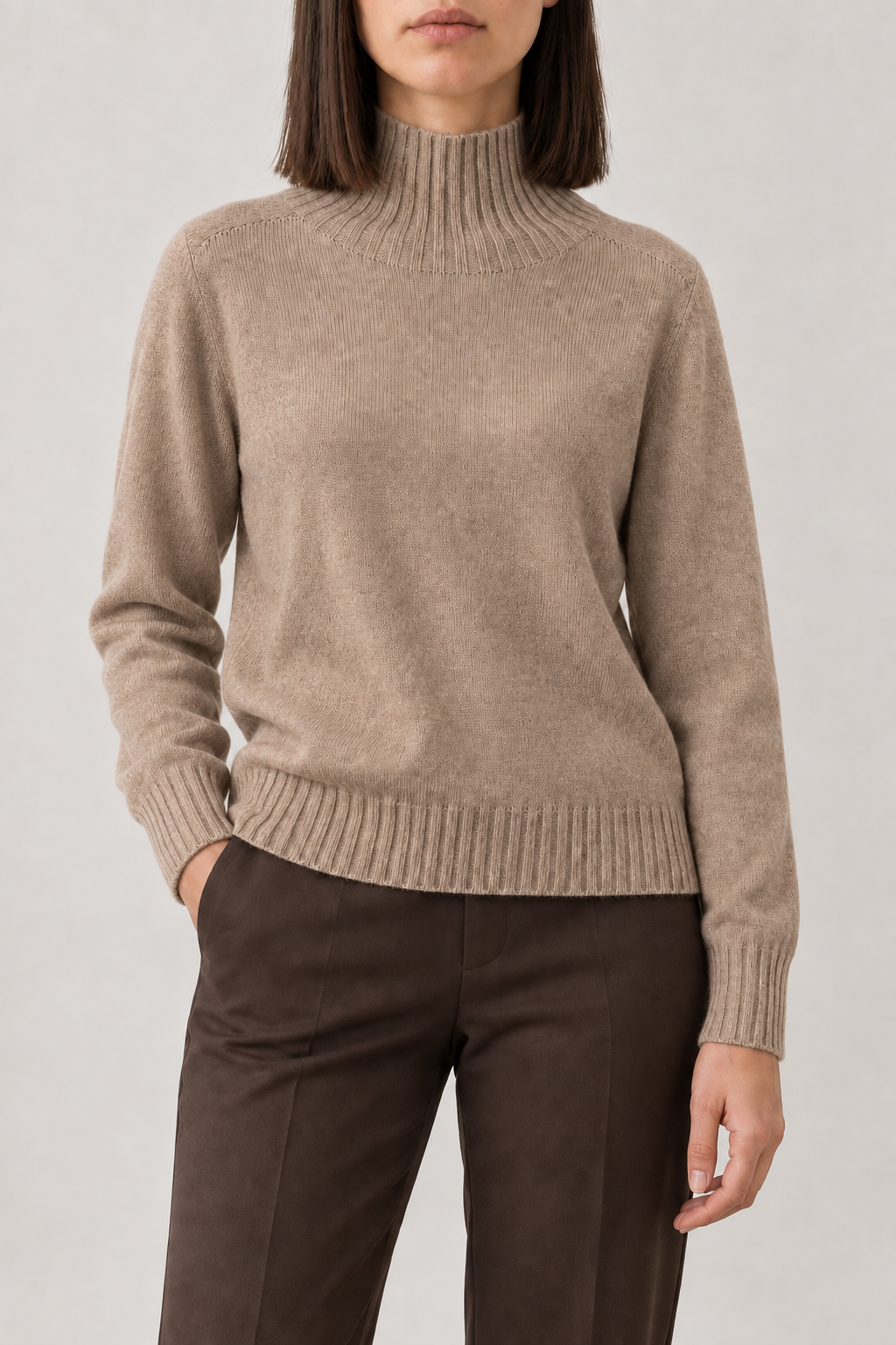 Fine-Knit High-Neck Pullover, Mocha Camel, front