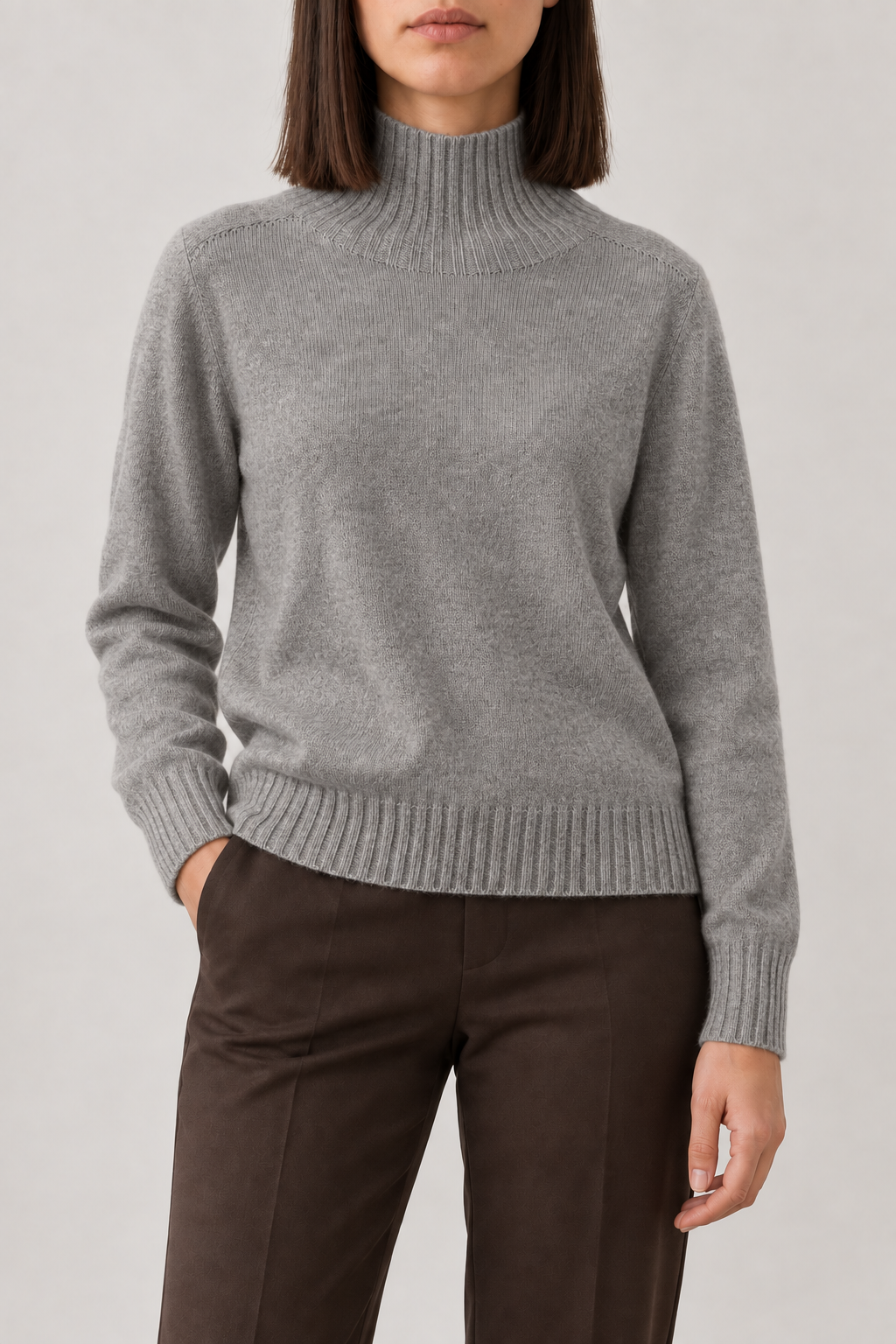 Fine-Knit High-Neck Pullover, Heather Grey, front