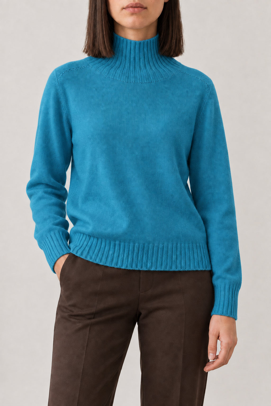 Fine-Knit High-Neck Pullover, Turquoise Blue, front