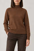 Fine-Knit High-Neck Pullover, Caramel Brown, front