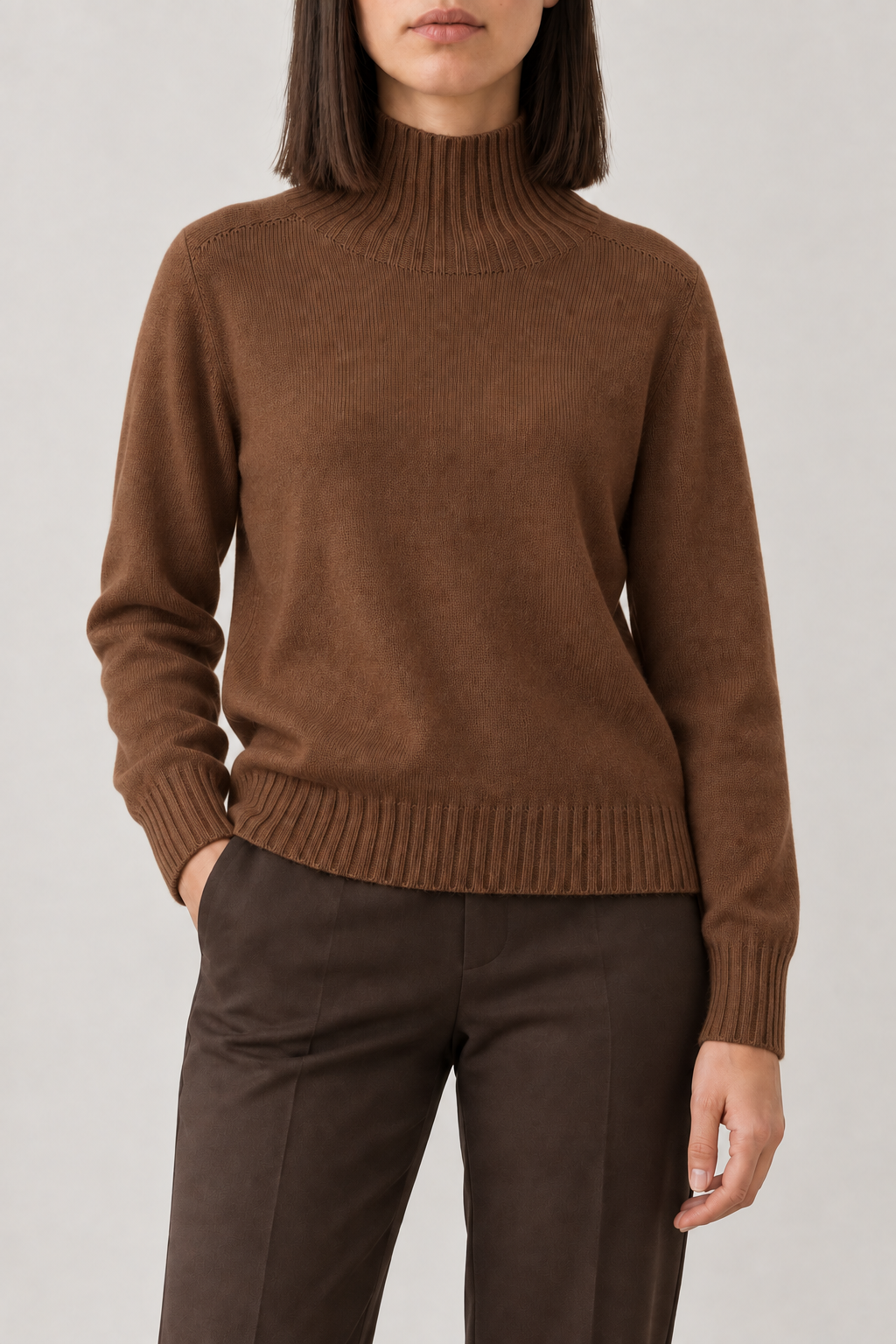 Fine-Knit High-Neck Pullover, Caramel Brown, front