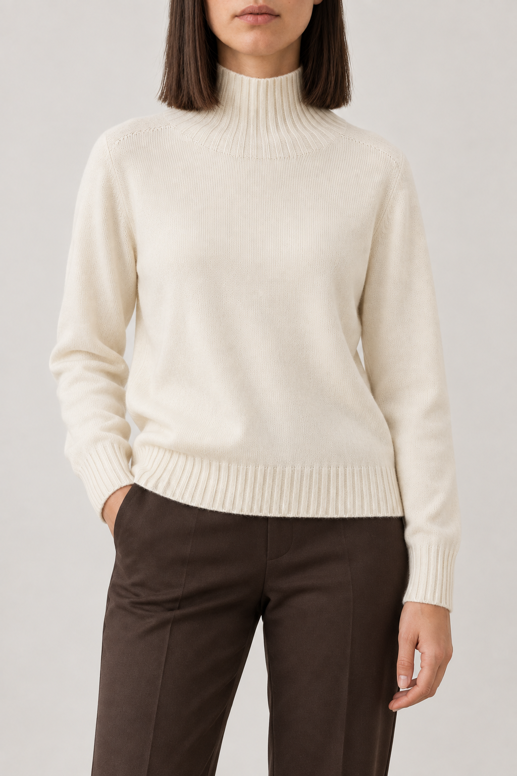 Fine-Knit High-Neck Pullover, Pearl white, front