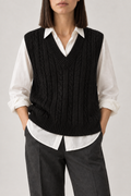 Cable V-Neck Vest, Black, front