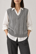 Cable V-Neck Vest, Grey, front