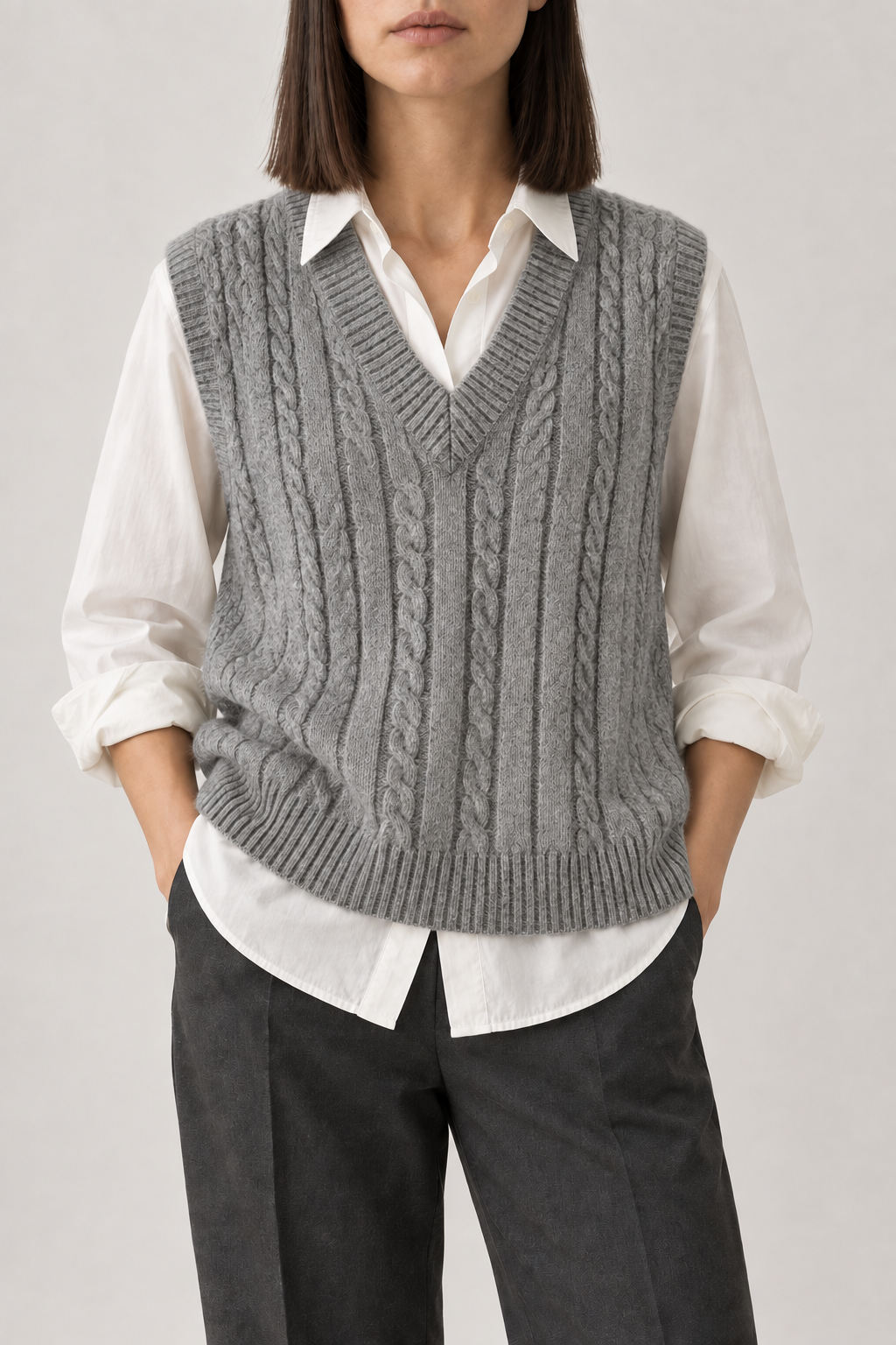 Cable V-Neck Vest, Grey, front