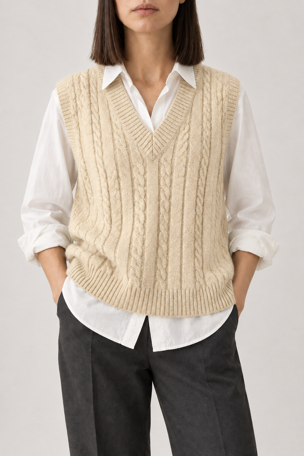 Cable V-Neck Vest, Cream Apricot, front
