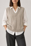 Cable V-Neck Vest, Oatmeal grey, front