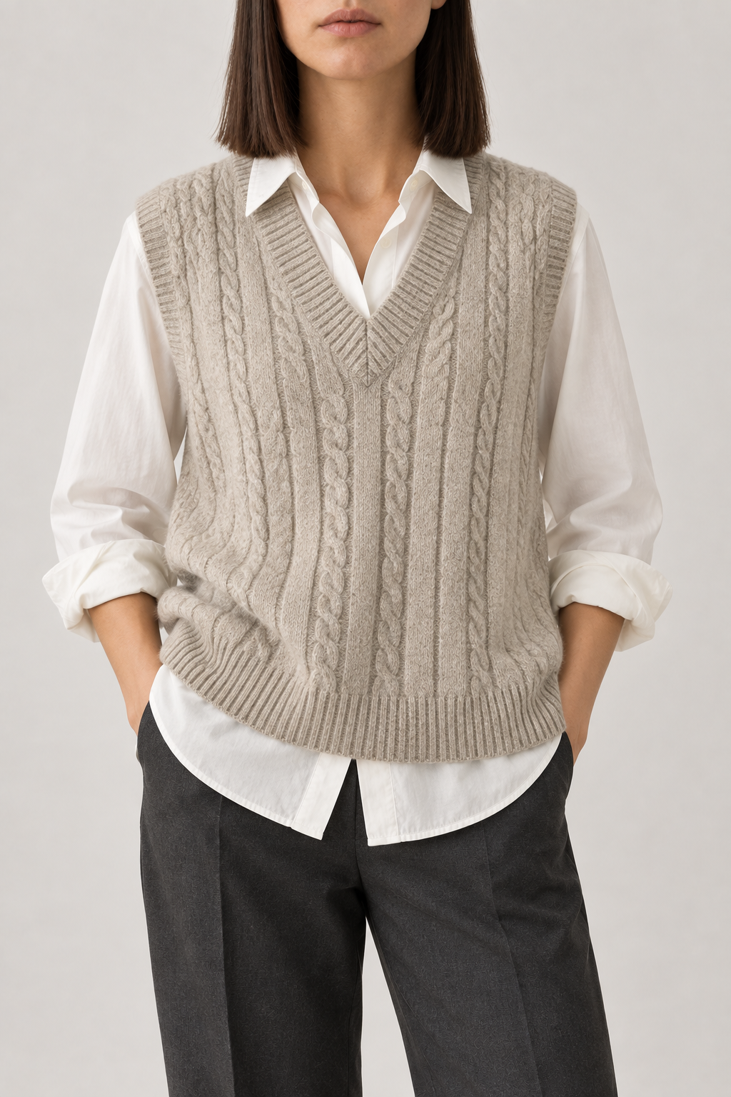 Cable V-Neck Vest, Oatmeal grey, front
