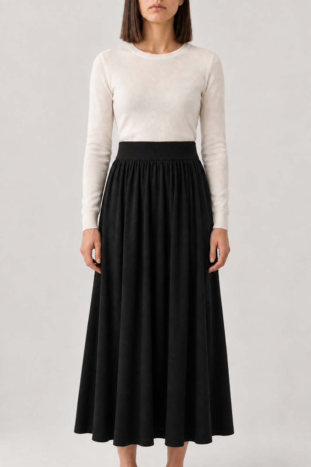 Merino Pleated Knit Maxi Skirt, Black, front