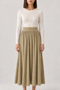 Merino Pleated Knit Maxi Skirt, Linen Apricot, front