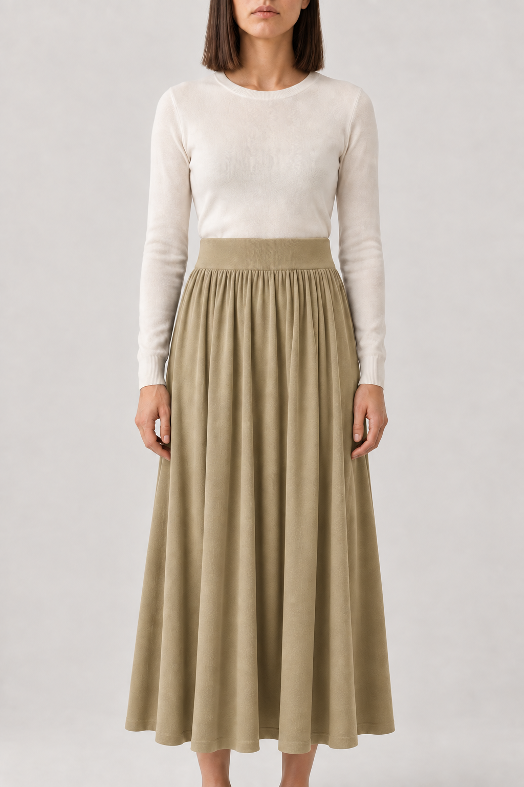 Merino Pleated Knit Maxi Skirt, Linen Apricot, front