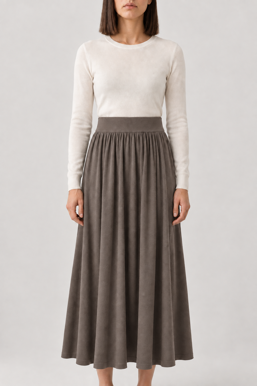 Merino Pleated Knit Maxi Skirt, Stone Grey, front