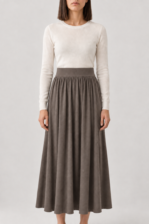 Merino Pleated Knit Maxi Skirt, Stone Grey, front