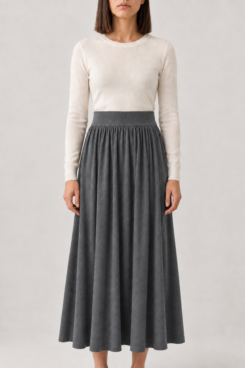 Merino Pleated Knit Maxi Skirt, Paris Grey, front