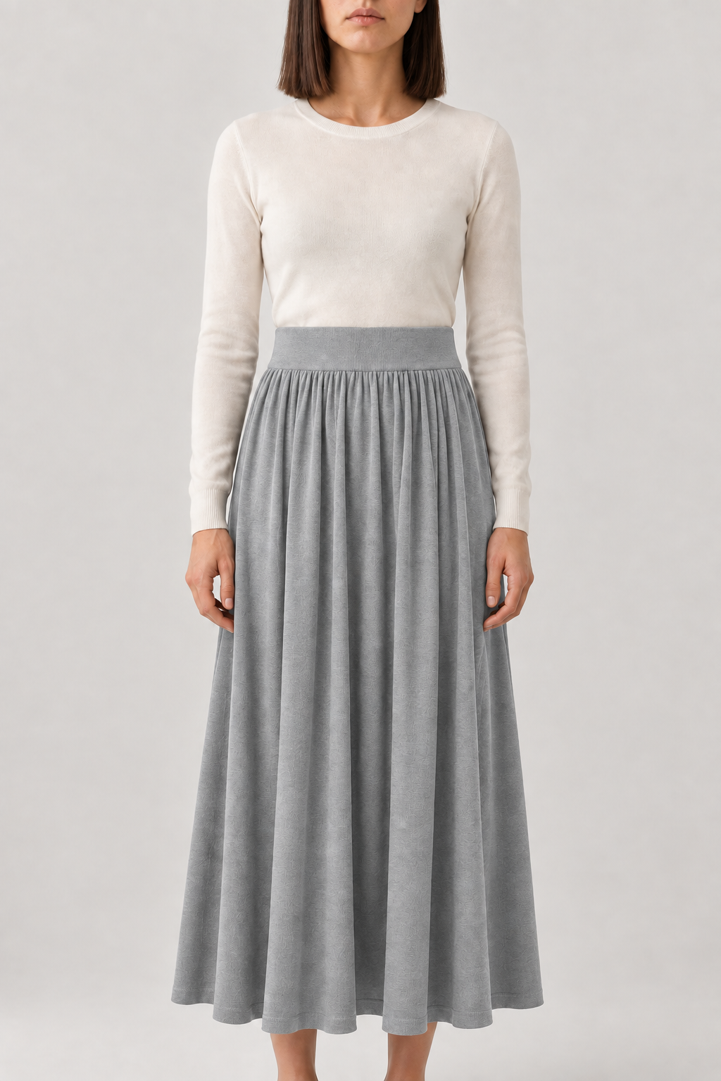 Merino Pleated Knit Maxi Skirt, Smoke Grey, front