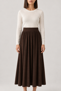 Merino Pleated Knit Maxi Skirt, Tan Brown, front