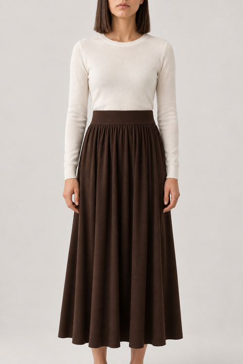 Merino Pleated Knit Maxi Skirt, Tan Brown, front
