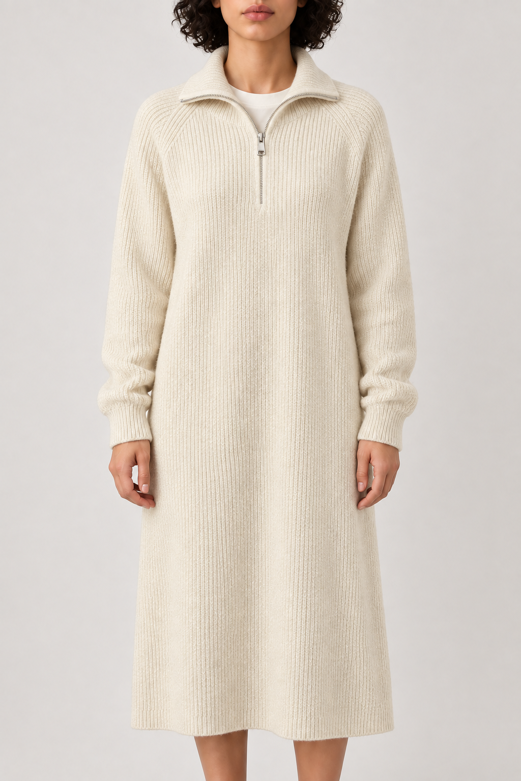 Quarter-Zip Sweater Dress, Creamy White, front