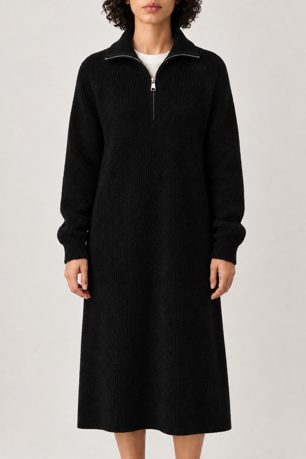 Quarter-Zip Sweater Dress, Black, front