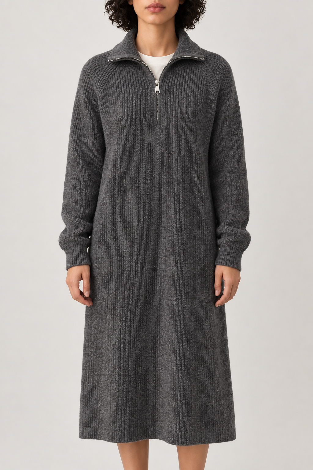 Quarter-Zip Sweater Dress, Heather charcoal, front