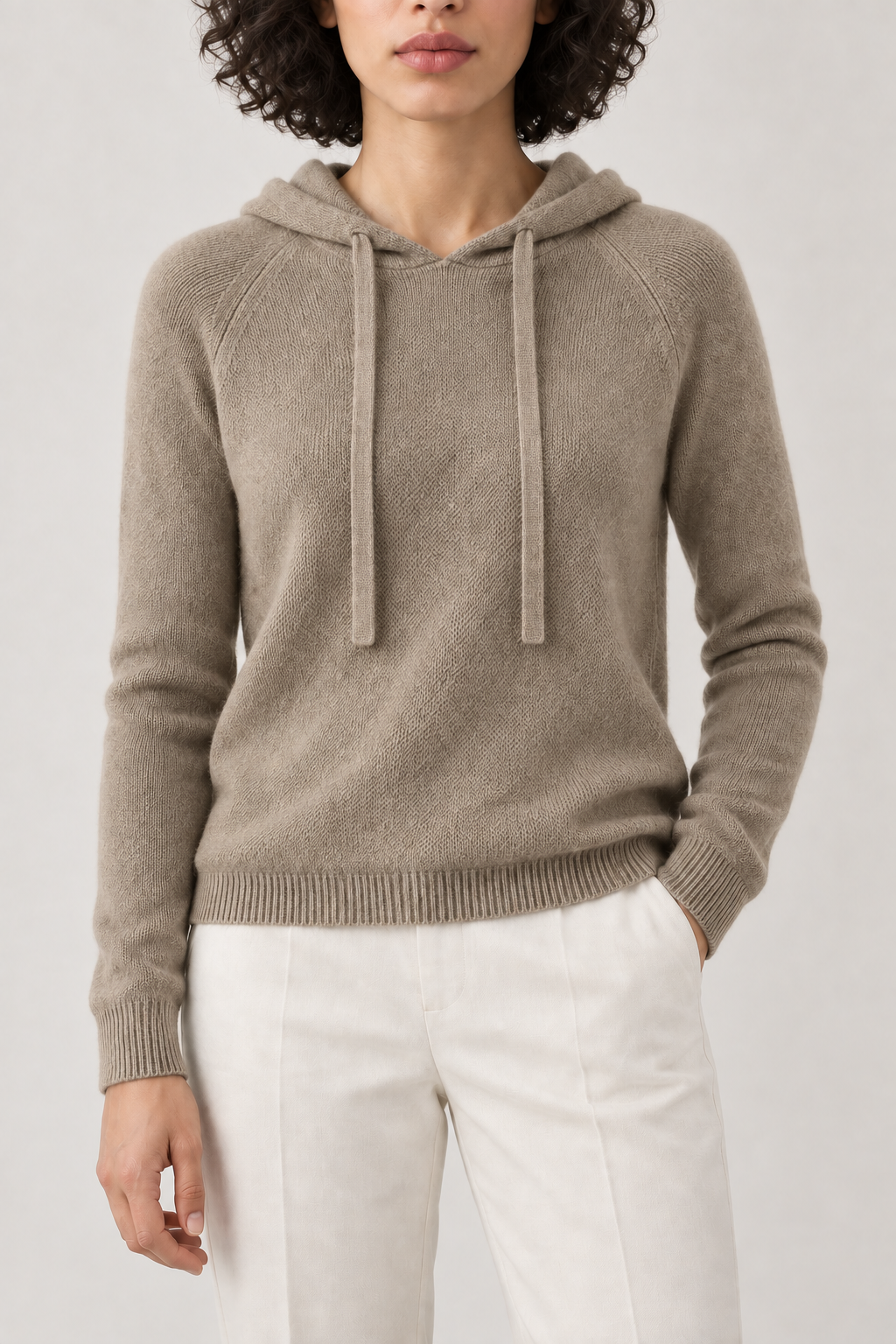 Knitted Pullover Hoodie, Taupe Camel, front