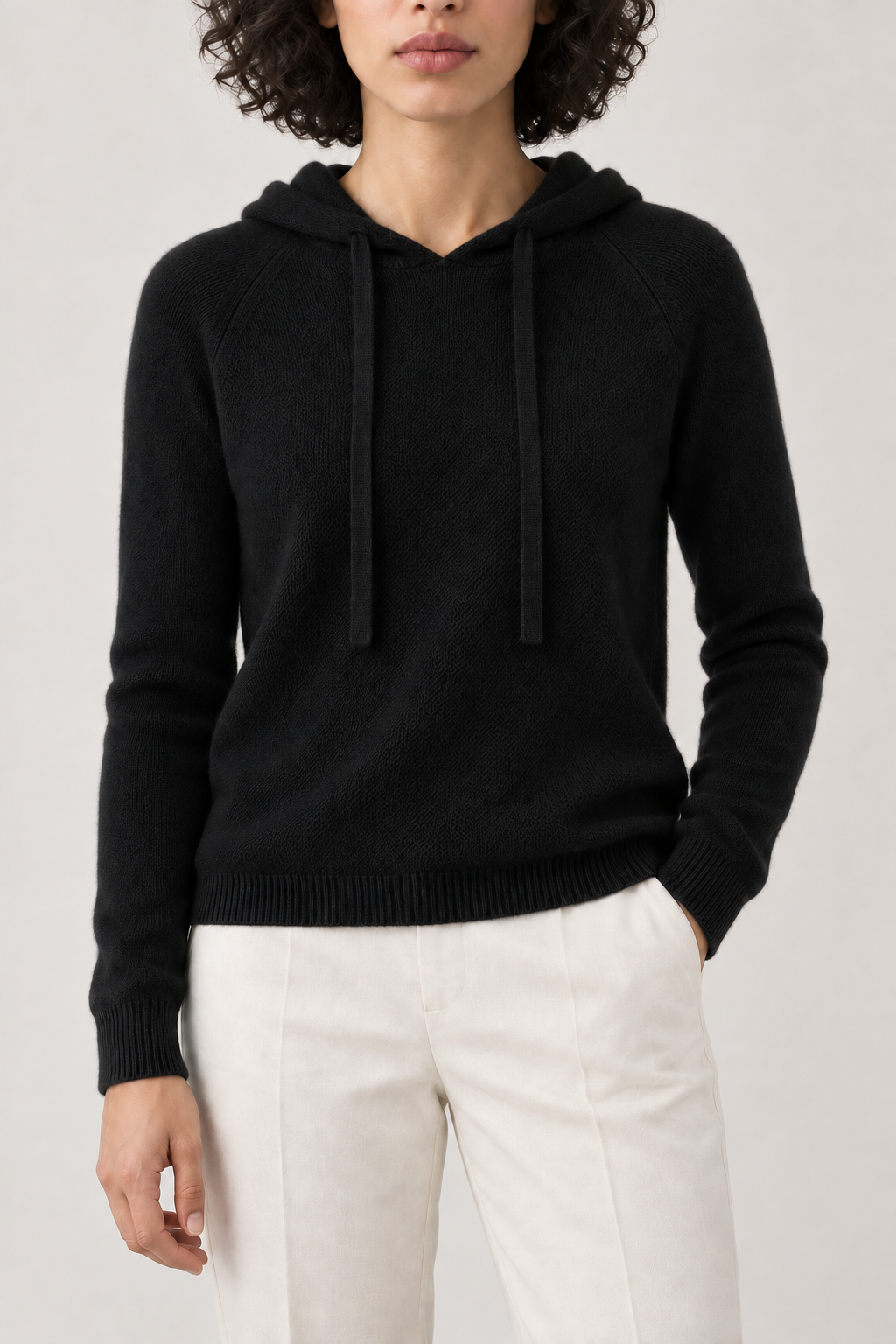 Knitted Pullover Hoodie, Black, front