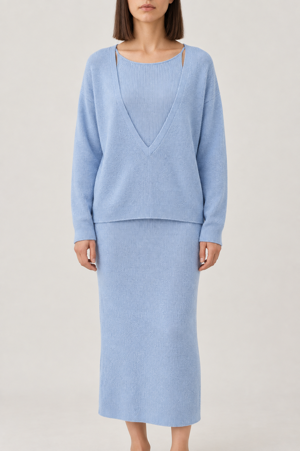 Merino Slip Dress and Cardigan Set, Sky Blue, front