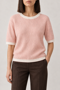 Contrast-Trim Rib Top, Pink and Ivory, front