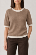Contrast-Trim Rib Top, Taupe and Ivory, front