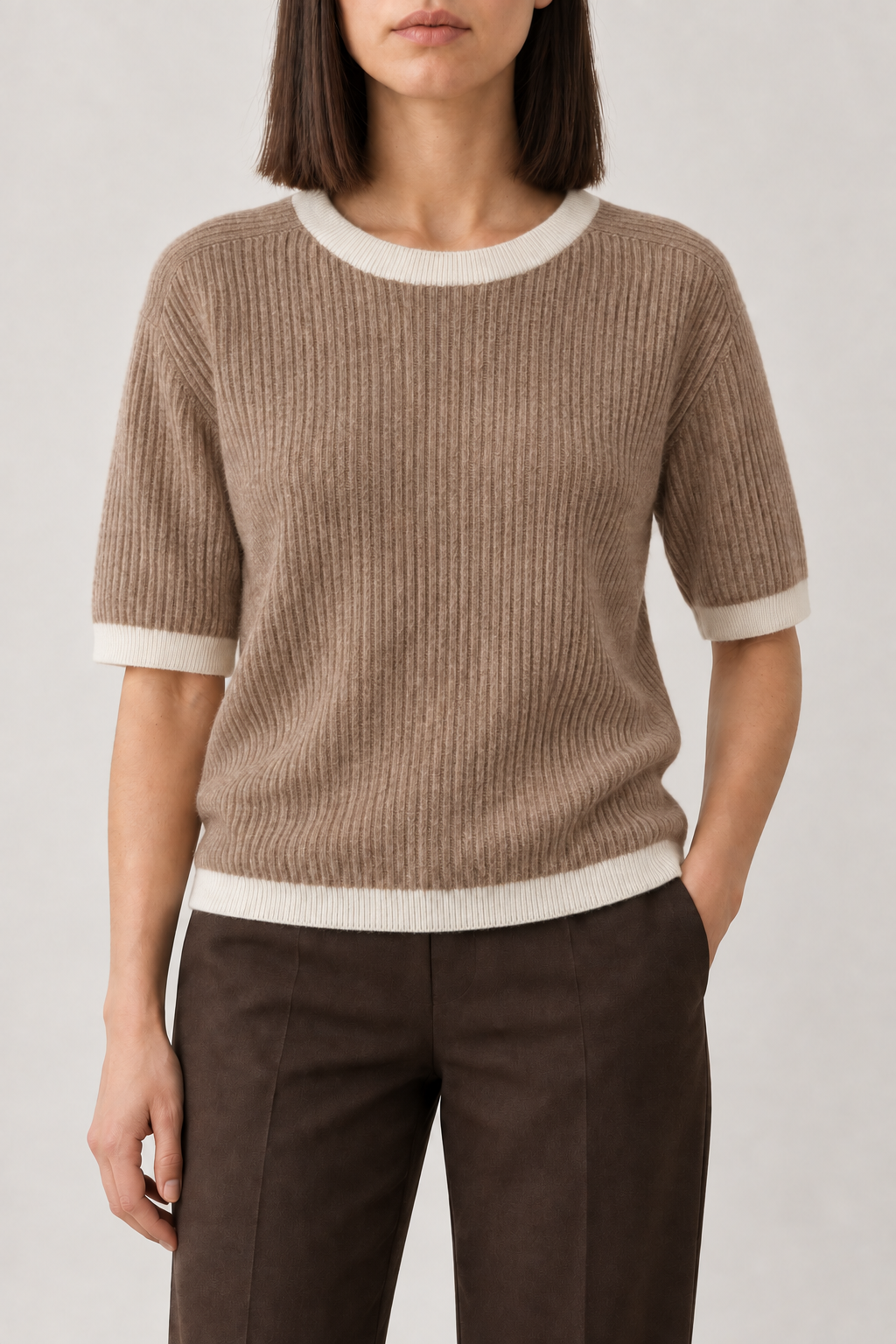 Contrast-Trim Rib Top, Taupe and Ivory, front