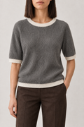 Contrast-Trim Rib Top, Dark Grey and Ivory, front