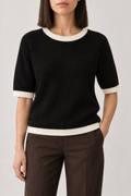 Contrast-Trim Rib Top, Black and Ivory, front