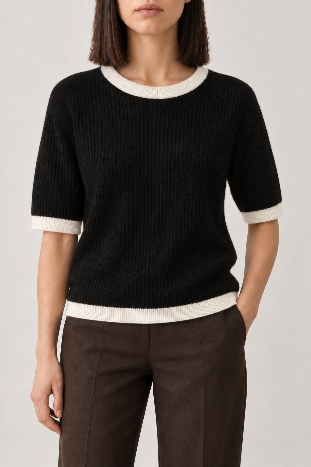 Contrast-Trim Rib Top, Black and Ivory, front