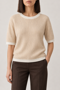 Contrast-Trim Rib Top, Light oatmeal with ivory trim, front