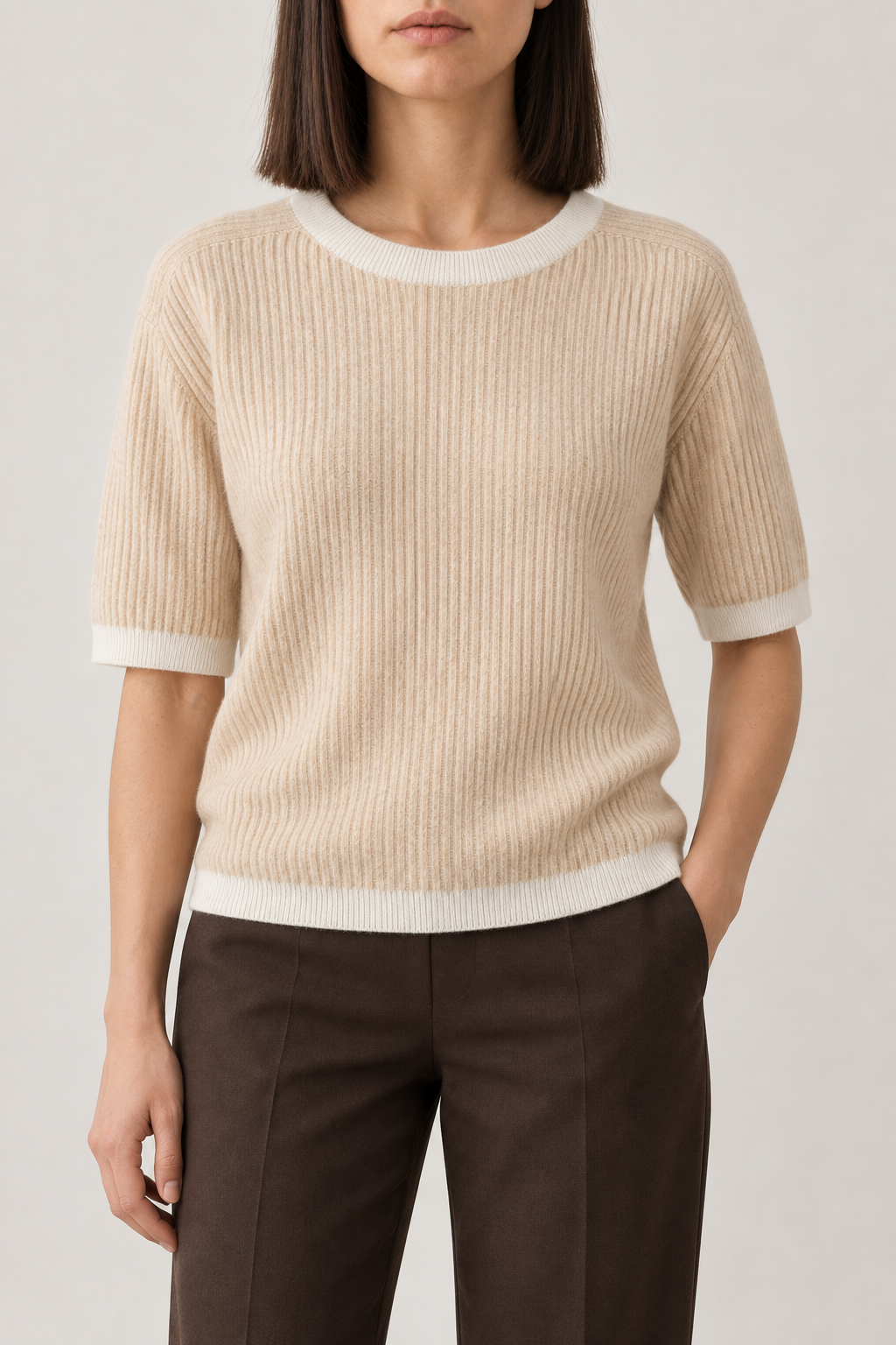 Contrast-Trim Rib Top, Light oatmeal with ivory trim, front