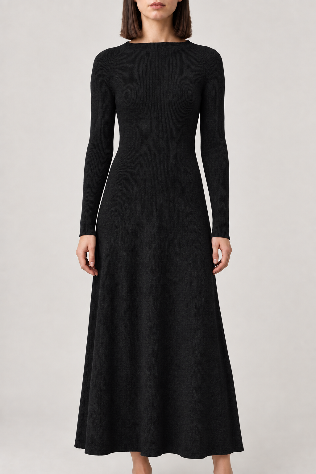 Merino A-Line Knit Maxi Dress, Black, front
