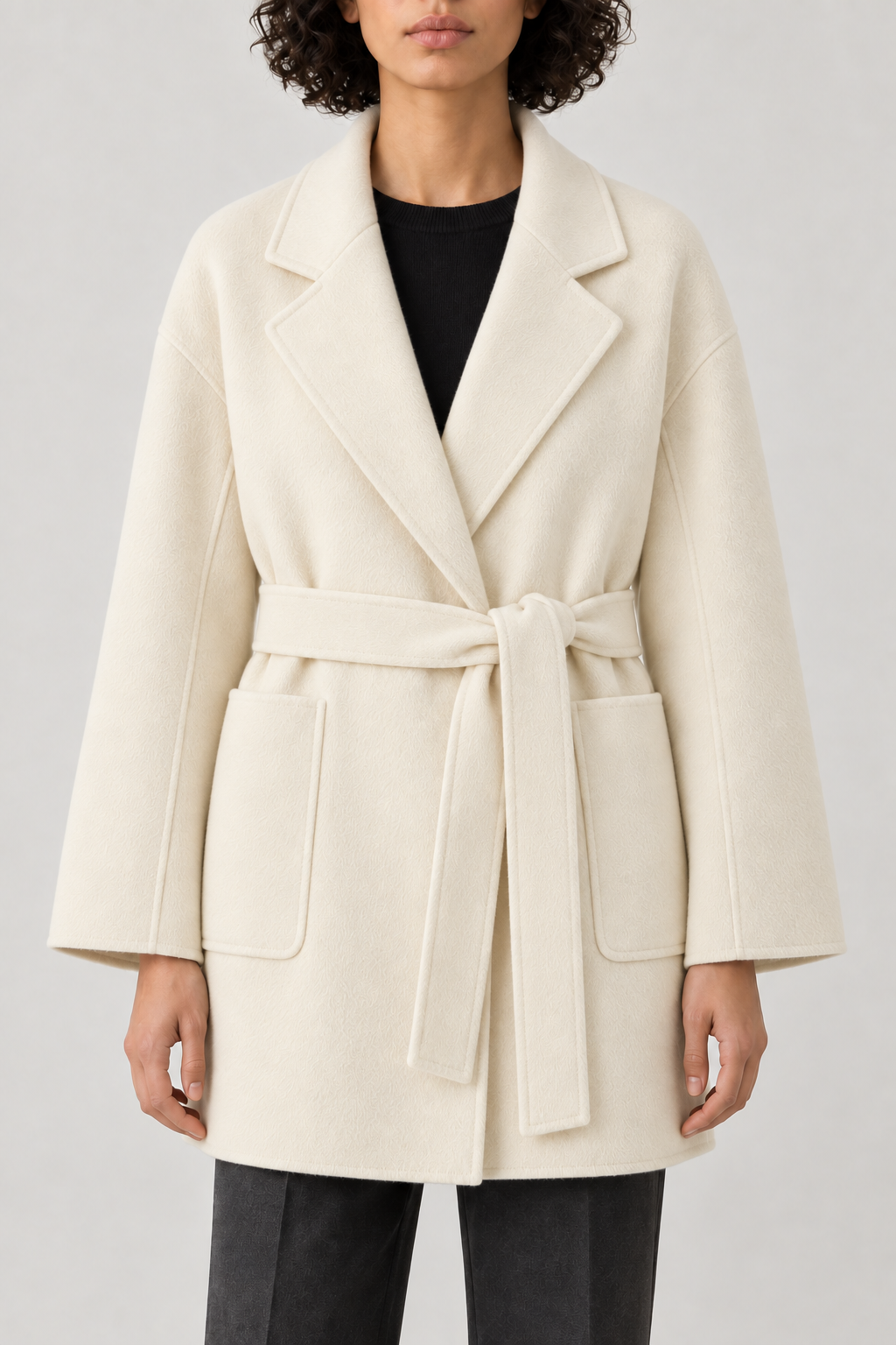 Cashmere Belted Wrap Coat, Ivory, front